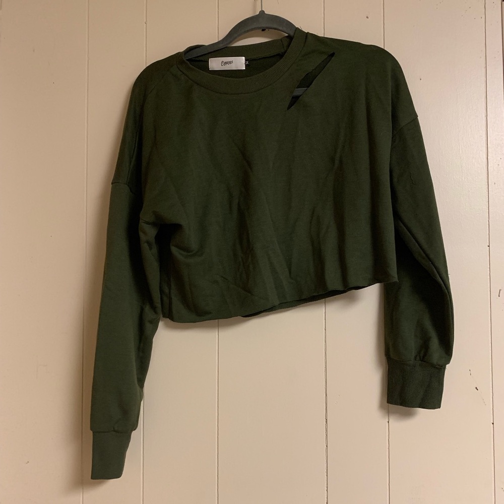 Distressed olive green long sleeve crop top